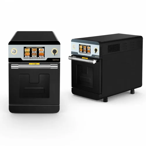R&M K03 commercial speed oven black model — front and side view with recipe touchscreen