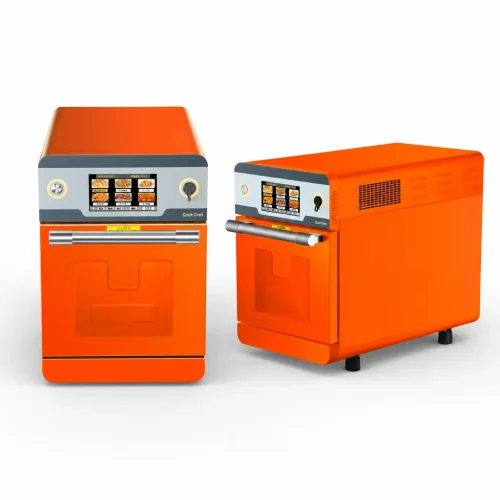 R&M K03 commercial speed oven orange model — front and side view showing touchscreen control panel