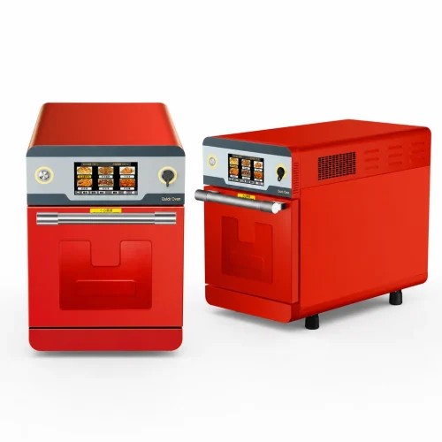 R&M K03 commercial speed oven red model — front and angled side view