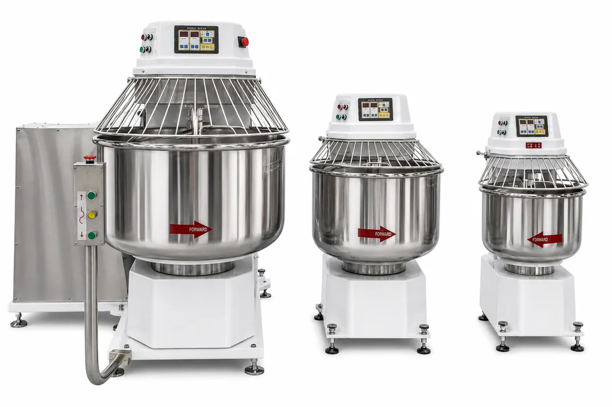 R&M commercial spiral dough mixer for industrial bread pizza and sourdough kneading — full capacity range