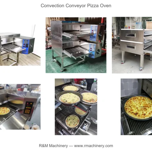 Convection conveyor pizza oven applications — pizzas loading, baking and exiting the continuous belt