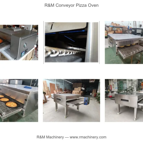 R&M conveyor pizza ovens in factory production — units assembled, tested and prepared for shipment