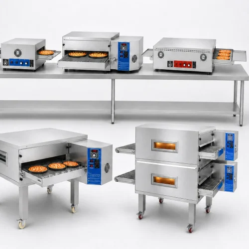 R&M conveyor pizza oven model lineup — countertop, single-deck and double-stack configurations side by side