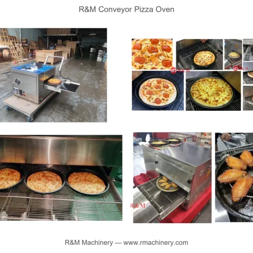 Conveyor pizza oven multi-food applications — pizza, roasted poultry and snacks on the continuous belt