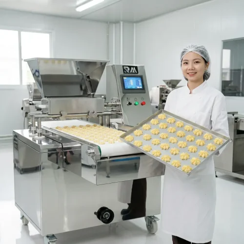 Cookie depositor machine in production with operator holding a tray of star-shaped dough
