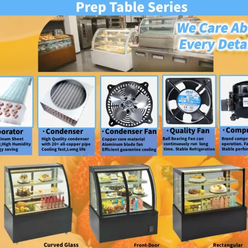 R&M curved glass cake showcase refrigeration components evaporator condenser fan compressor