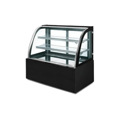 Rear-open service side of R&M RMXK cake display showcase black curved glass counter