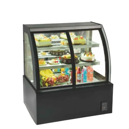 R&M RMQKY curved glass pastry display case at caf茅 ordering counter front service