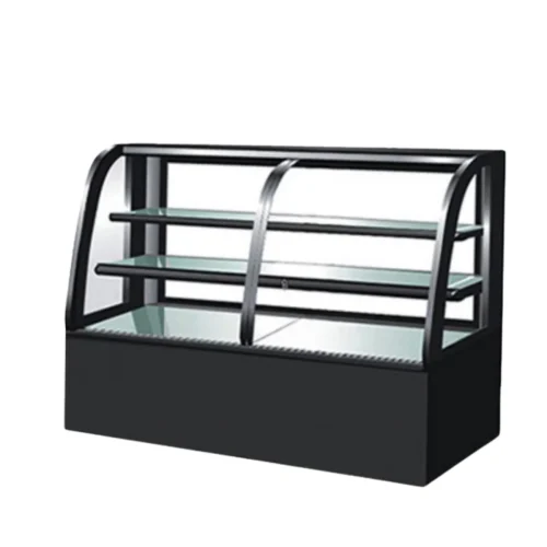 Front-open service panel on R&M RMQKY curved pastry display case empty interior three tiers