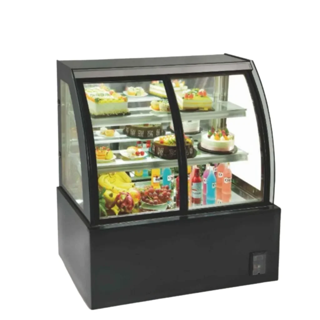 R&M RMQKY1.2 curved glass pastry display case front-open 2-10C 550W 220V