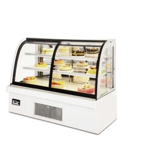 R&M RMQKY curved glass pastry display white base cake showcase three tiers bakery
