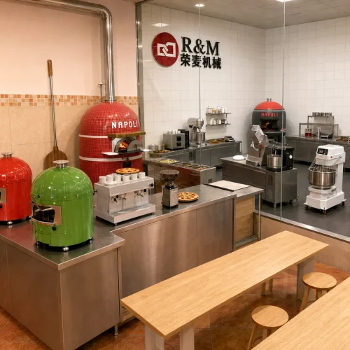 One-stop pizza equipment solution — R&M Neapolitan oven with spiral mixer dough divider and refrigeration