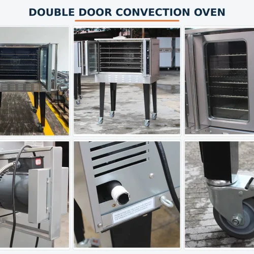 Double door convection oven control panel, rear motor and locking caster details