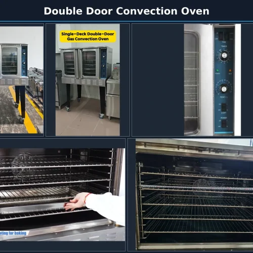 Double door gas convection oven feature overview — control panel, interior racks and tray loading