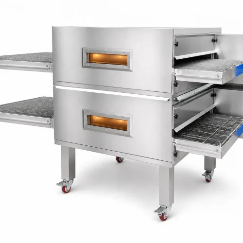 Double stack commercial conveyor pizza oven with two independent decks on wheeled stainless stand