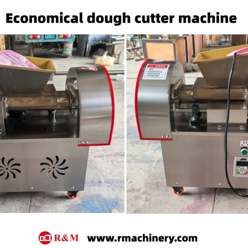 R&M economical dough cutter machine promotional view — stainless steel, yellow hopper, pneumatic cutting