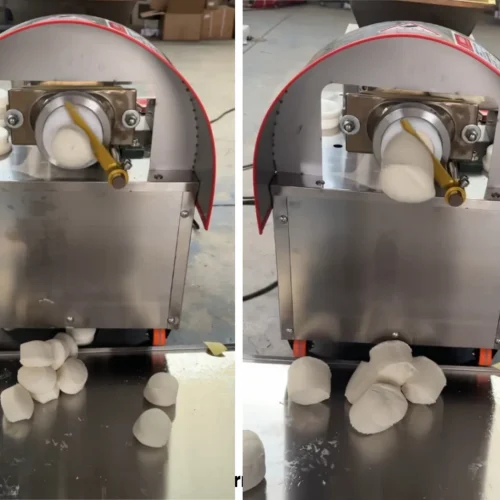 R&M dough cutter machine in operation — dough extruded and cut into portions