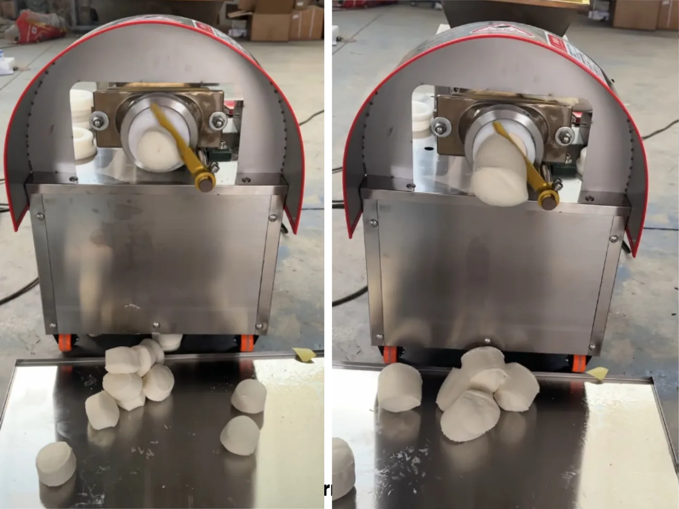 R&M dough cutter machine in operation — dough extruded and cut into portions