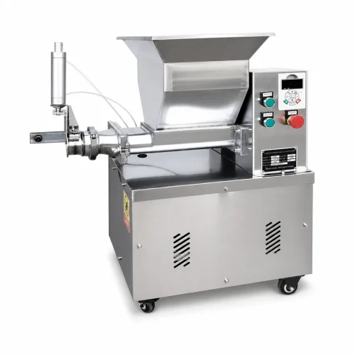 R&M pneumatic dough cutter machine side angle — hopper, extrusion barrel and pneumatic cylinder