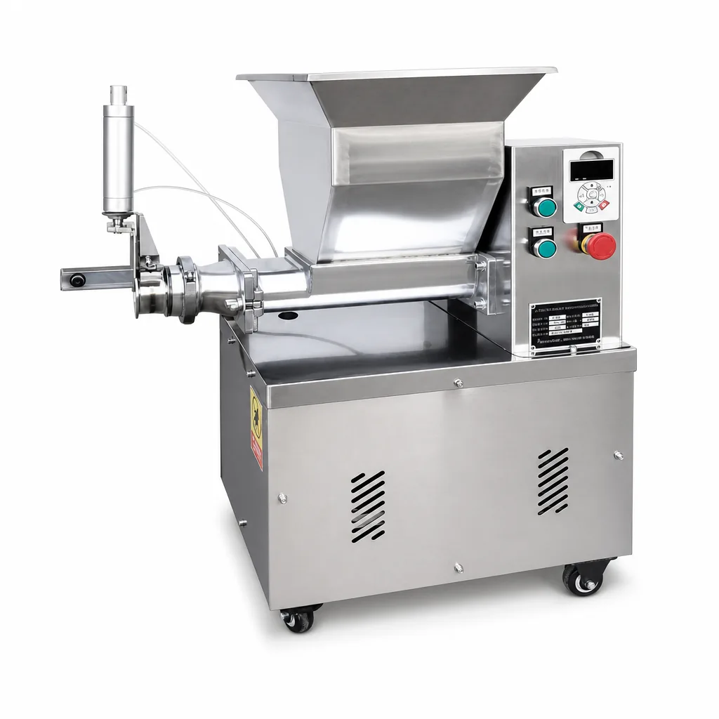 R&M pneumatic dough cutter machine side angle — hopper, extrusion barrel and pneumatic cylinder
