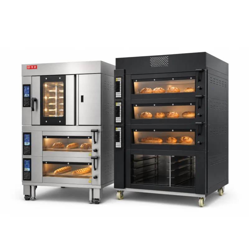 R&M electric deck oven with touchscreen controls paired with black artisan bread oven — combination and standalone models