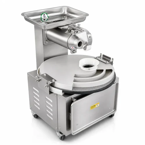 R&M RMG-100G dough rounder close-up — hopper, extruder nozzle and rotating spiral plate