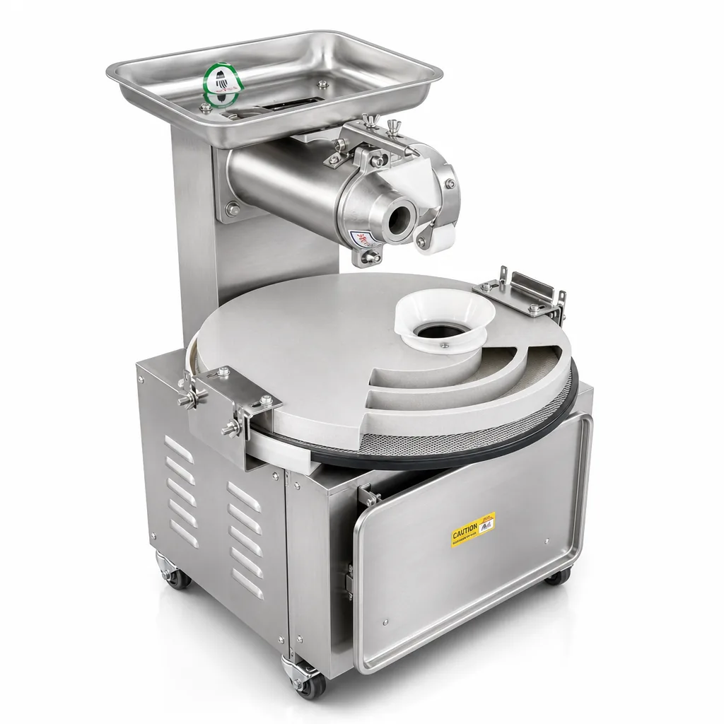 R&M RMG-100G dough rounder close-up — hopper, extruder nozzle and rotating spiral plate