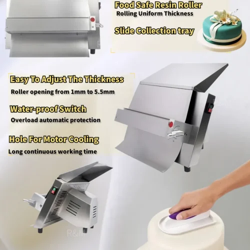 R&M electric fondant sheeter features — stainless steel, food-safe resin roller, 1-5.5mm, waterproof switch, overload protection