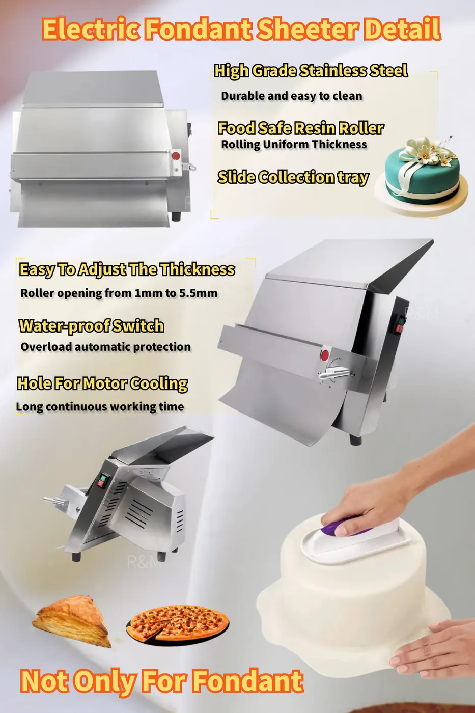 R&M electric fondant sheeter features — stainless steel, food-safe resin roller, 1-5.5mm, waterproof switch, overload protection