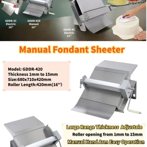 R&M GDDR-420 manual fondant sheeter features — 1-15mm thickness, portable, food-grade roller
