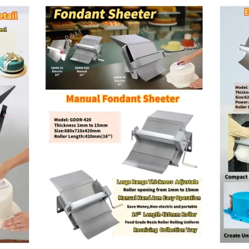 R&M fondant sheeter specification comparison — GDDR-3C 0.37KW vs GDDR-4C 0.375KW, action shots