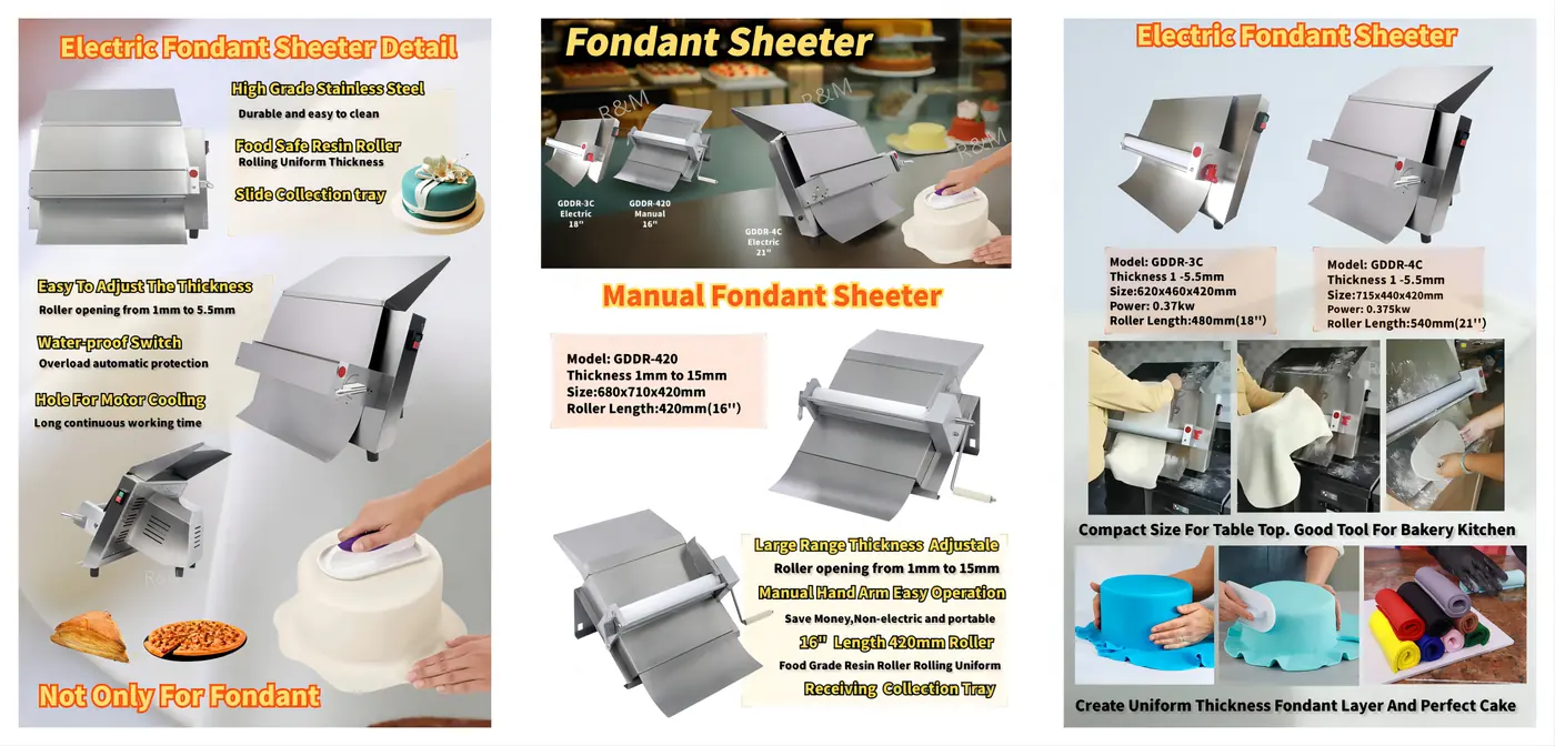 R&M fondant sheeter specification comparison — GDDR-3C 0.37KW vs GDDR-4C 0.375KW, action shots