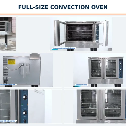 Full size convection oven production details — doors open, back view, controls and OEM service