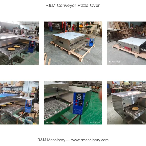 Gas conveyor pizza oven factory view — units with burner systems being assembled and packaged