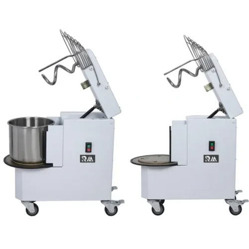 GDJRM Tilt-Head Spiral Dough Mixer – lineup and bowl removal view
