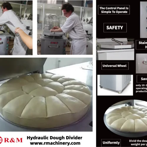 R&M hydraulic dough divider features — 10-20 sec cycle, safety, stainless handle, universal wheels, uniform dividing