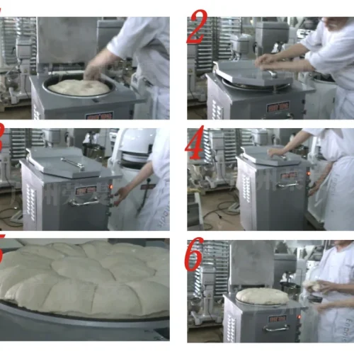 Hydraulic dough divider operation — load dough, close lid, start cycle, remove portions