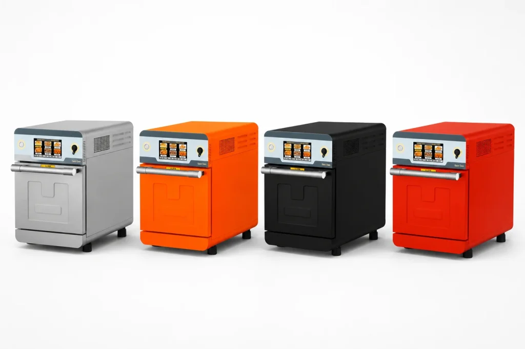 K03-3500W and K03-6500W commercial speed oven models side by side — four color options