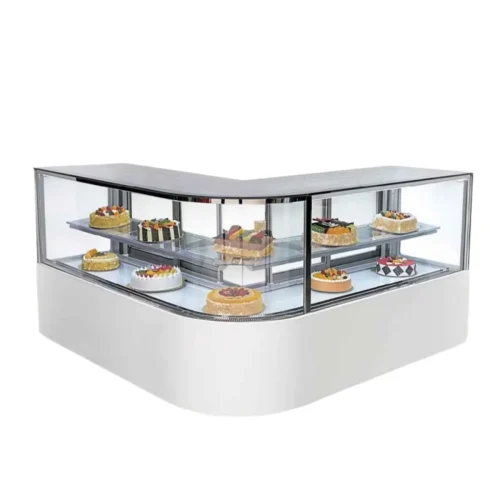 R&M L shaped cake display case white base corner unit 2 levels refrigerated