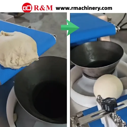 Conical dough rounding — irregular dough becomes smooth ball through R&M large dough rounder