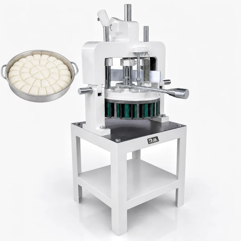 R&M manual dough divider — hand-operated commercial dough dividing machine with stand and divided dough