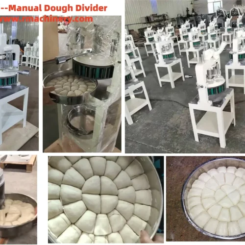R&M manual dough dividing machine in use — dough divided into uniform wedges in stainless steel pan