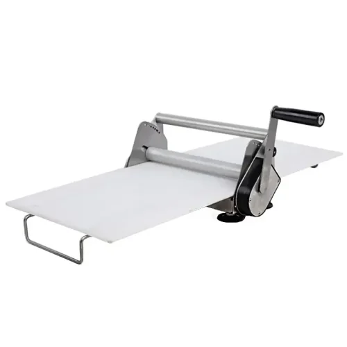 R&M GDDR-40 manual dough sheeter angle view with adjustment holes and crank