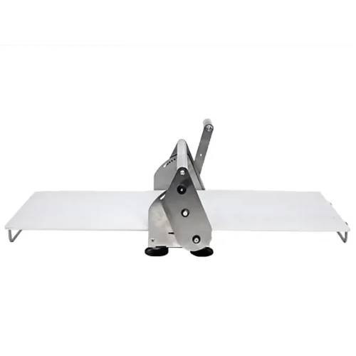 R&M manual dough sheeter side view with white feed wings and suction feet