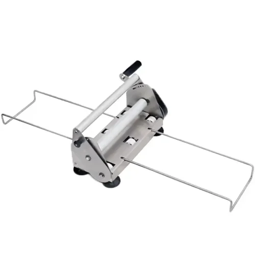 R&M manual dough sheeter three-quarter view with support racks and suction feet