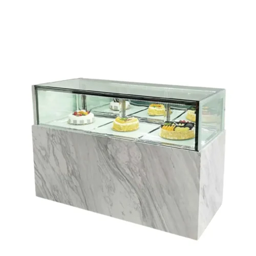 R&M marble pattern display case light grey marble base rectangular glass refrigerated
