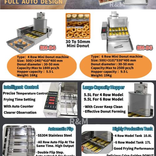 Mini donut machine RM-D4 RM-D6 specifications 4 row 1800pcs 6 row 2500pcs per hour