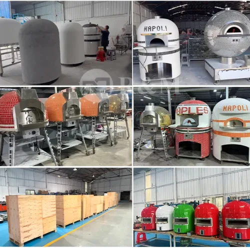 Neapolitan pizza oven factory production — dome bases, finishing and export crating