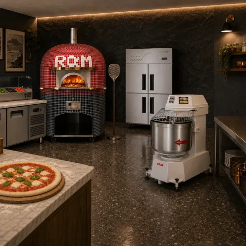 Neapolitan pizza oven installed in an upscale pizzeria with dough prep and topping station