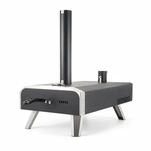R&M outdoor pizza oven wood pellet model — chimney, pellet hopper and front door detail